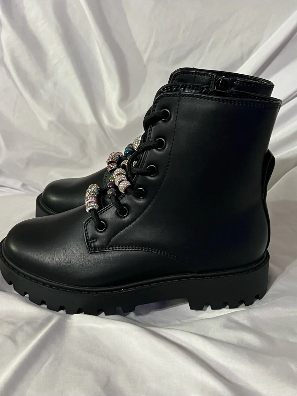 art class Black Combat Boots with Rhinestone & Multicolor Bead Accents